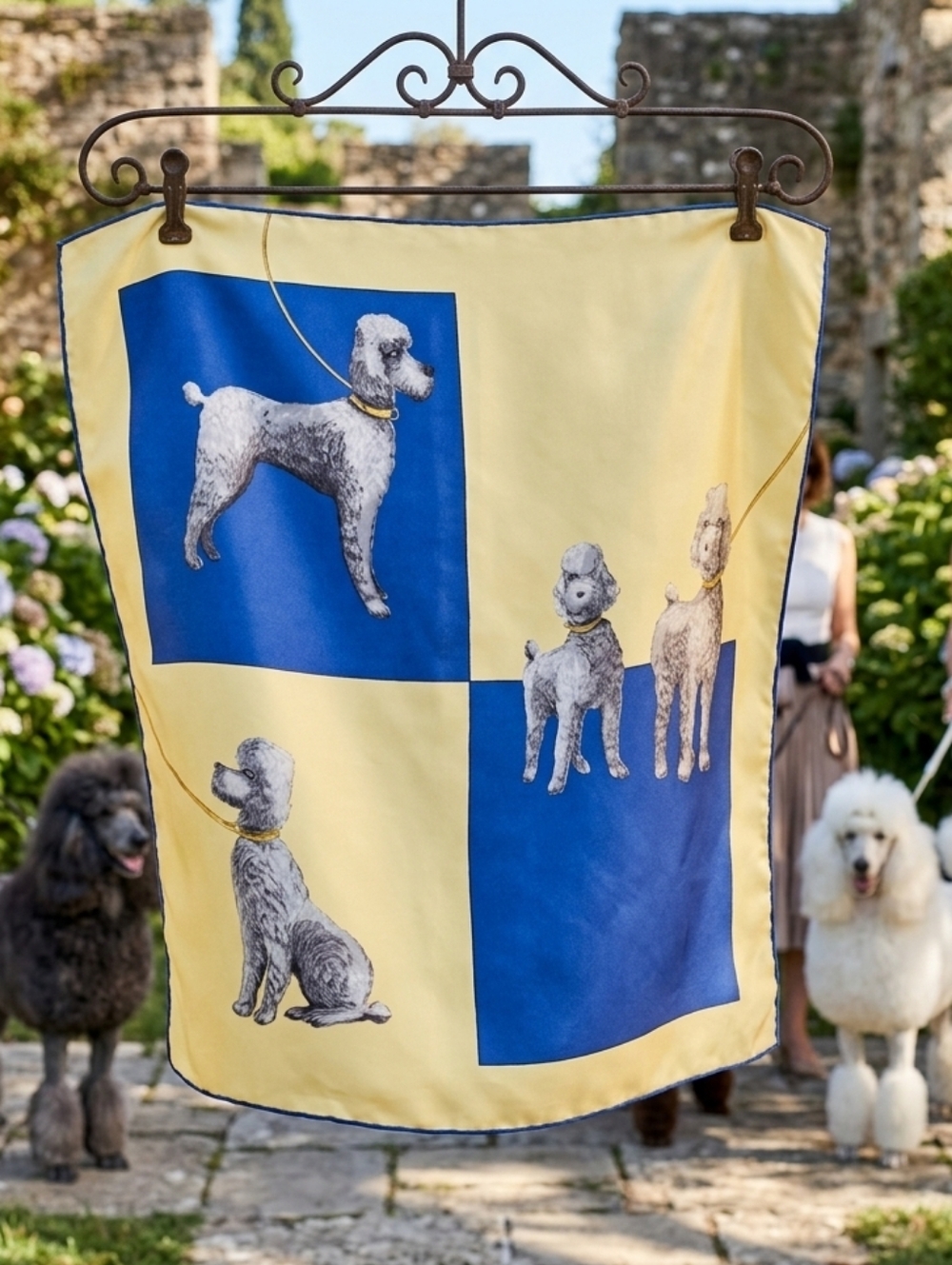POODLE🐩PRINT DOG Scarf Soft Yellow & Blue Silky Size 26"x26"